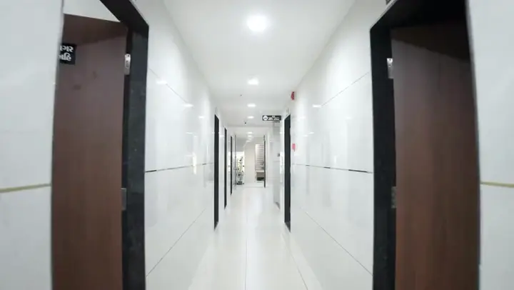 Bright, spotless hospital corridor