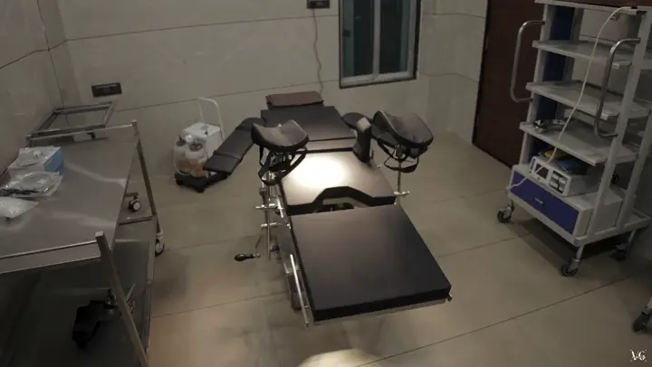 Operation theatre with surgical table and equipment